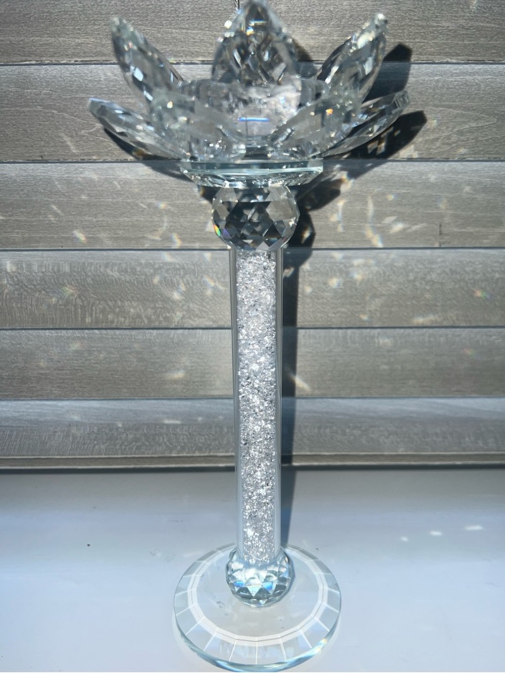 Crystal Lotus Pedestal Candle Holder - Clear/Silver Sparkle